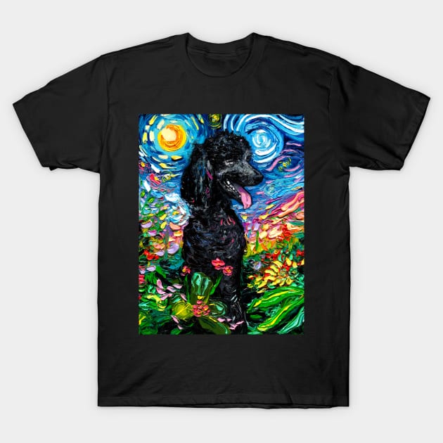 Black Poodle Starry Night with Flowers T-Shirt by sagittariusgallery